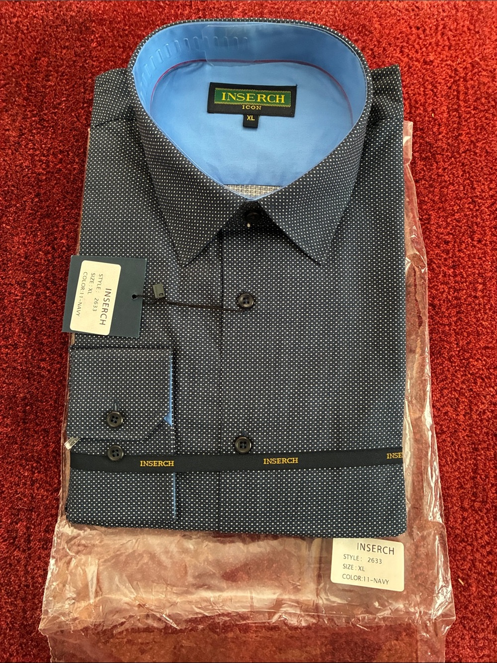 Inserch Navy Microdot Dress Shirt with Contrast Light Blue Inner Collar - XL